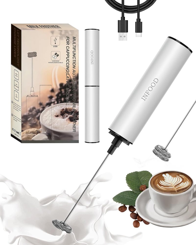 INFOOD Milk Frother Rechargeable with Cover - Coffee Frother Wand, Drink Mixer Handheld with 2 Detachable Stainless Whisks 2 Speed Adjustable for Latte, Cappuccino, Hot Chocolate, Egg, White - Image 1